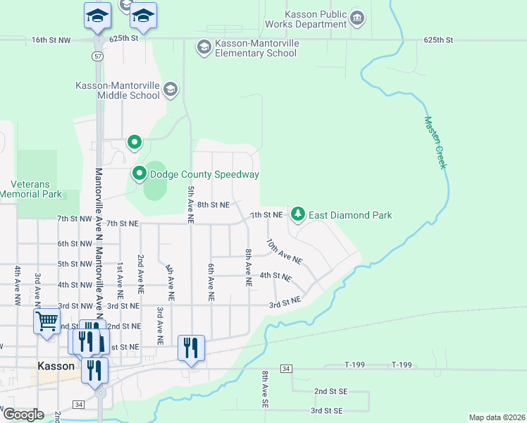 map of restaurants, bars, coffee shops, grocery stores, and more near 1003 7th Street Northeast in Kasson