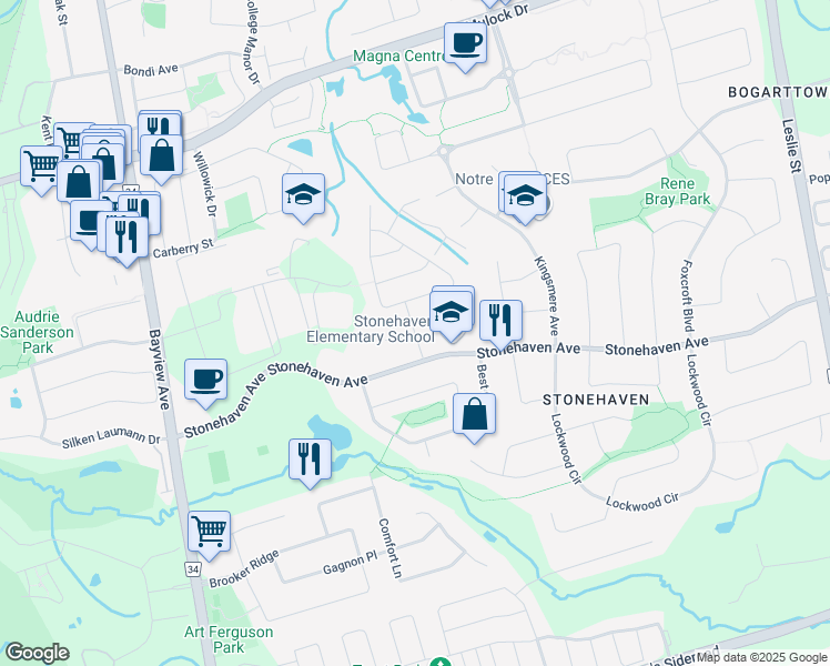 map of restaurants, bars, coffee shops, grocery stores, and more near Dillman Avenue in Newmarket