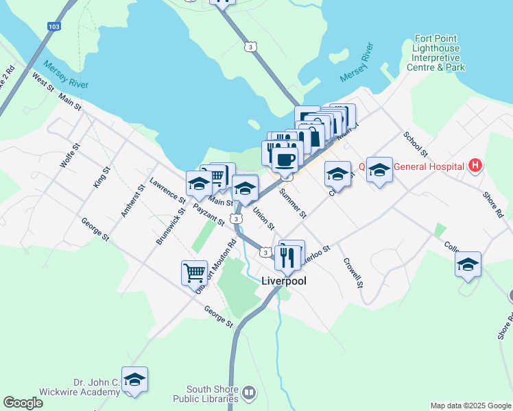 map of restaurants, bars, coffee shops, grocery stores, and more near 441 Main Street in Liverpool