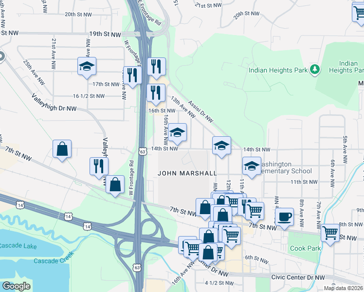 map of restaurants, bars, coffee shops, grocery stores, and more near 1419 15th Avenue Northwest in Rochester