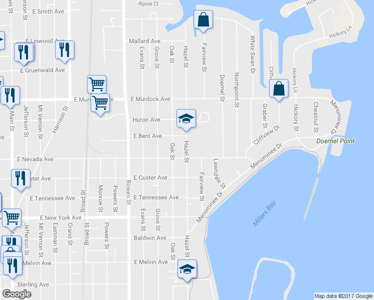 map of restaurants, bars, coffee shops, grocery stores, and more near 1535 Hazel Street in Oshkosh