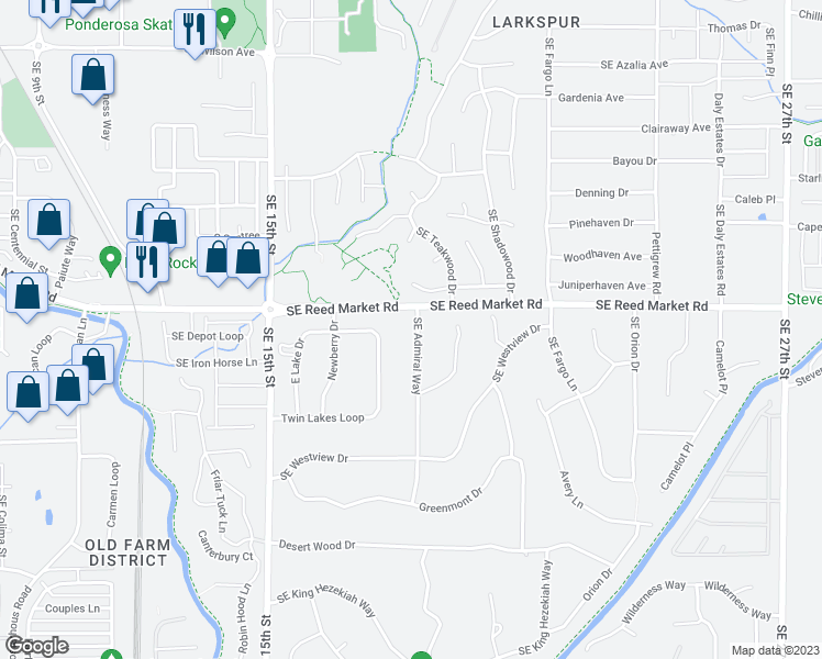 map of restaurants, bars, coffee shops, grocery stores, and more near 61583 Southeast Admiral Way in Bend
