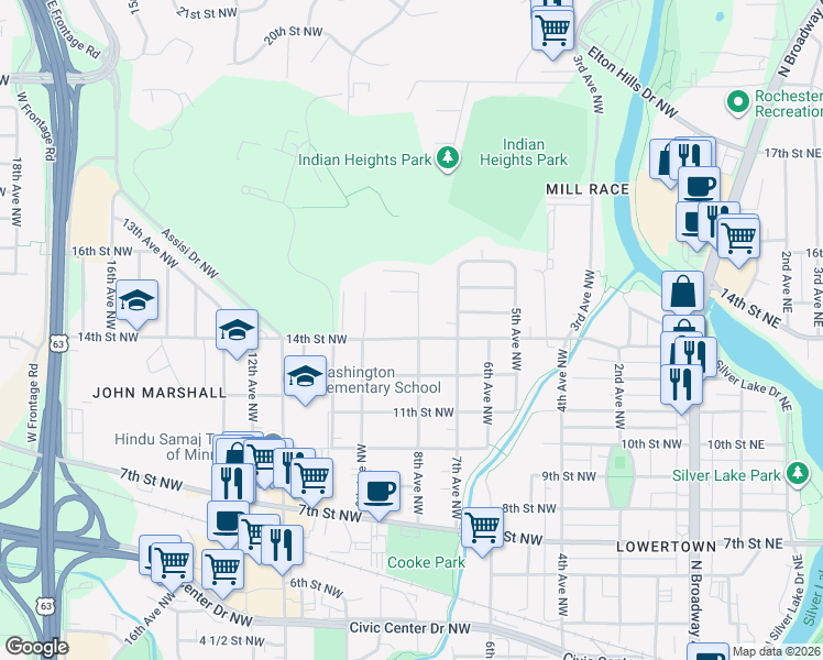 map of restaurants, bars, coffee shops, grocery stores, and more near 1424 8th Avenue Northwest in Rochester