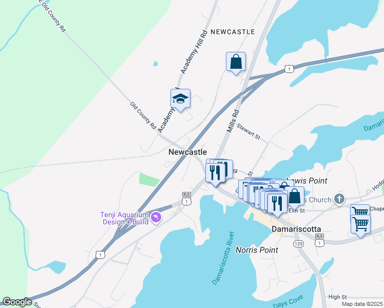 map of restaurants, bars, coffee shops, grocery stores, and more near Academy Hill Street in Damariscotta-Newcastle