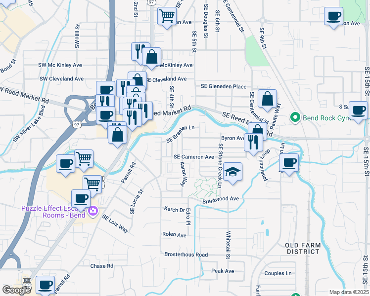 map of restaurants, bars, coffee shops, grocery stores, and more near 20490 Southeast Elijah Court in Bend