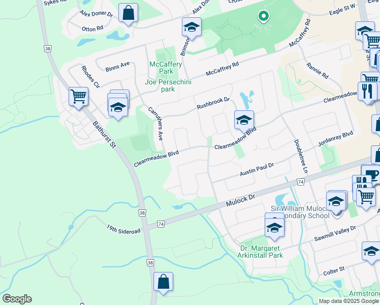map of restaurants, bars, coffee shops, grocery stores, and more near 370 Clearmeadow Boulevard in Newmarket