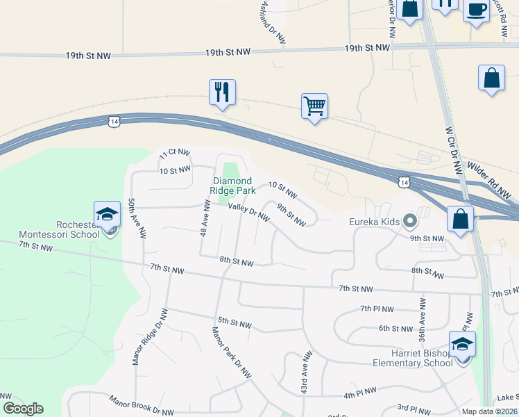 map of restaurants, bars, coffee shops, grocery stores, and more near 4437 9th Street Northwest in Rochester