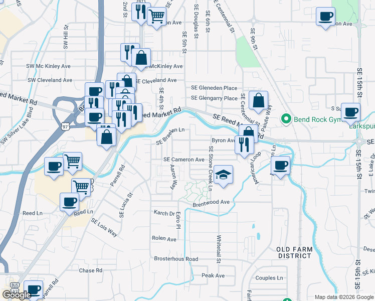 map of restaurants, bars, coffee shops, grocery stores, and more near 20482 Southeast Elijah Court in Bend