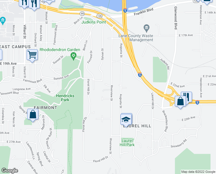 map of restaurants, bars, coffee shops, grocery stores, and more near 2006 Riverview Street in Eugene
