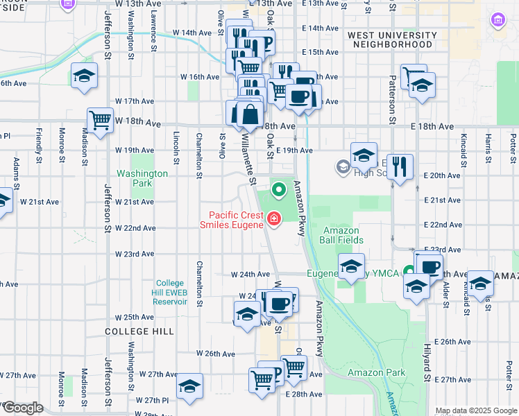 map of restaurants, bars, coffee shops, grocery stores, and more near 2055 Willamette Street in Eugene
