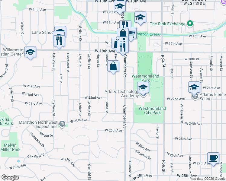 map of restaurants, bars, coffee shops, grocery stores, and more near 2121 Grant Street in Eugene