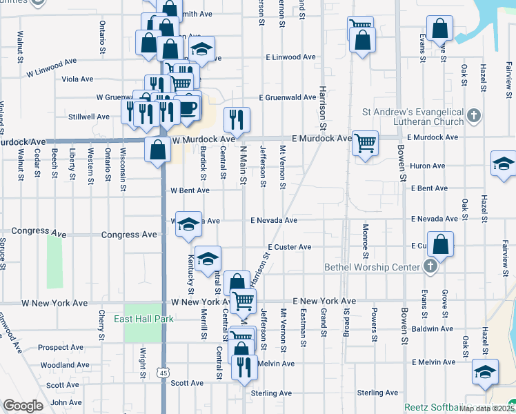 map of restaurants, bars, coffee shops, grocery stores, and more near 1536 Jefferson Street in Oshkosh