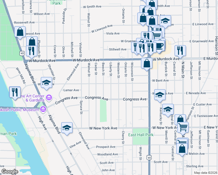 map of restaurants, bars, coffee shops, grocery stores, and more near 820 West Bent Avenue in Oshkosh