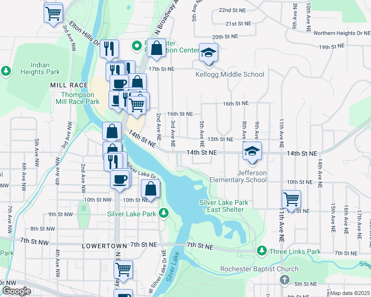 map of restaurants, bars, coffee shops, grocery stores, and more near 320 15th Street Northeast in Rochester