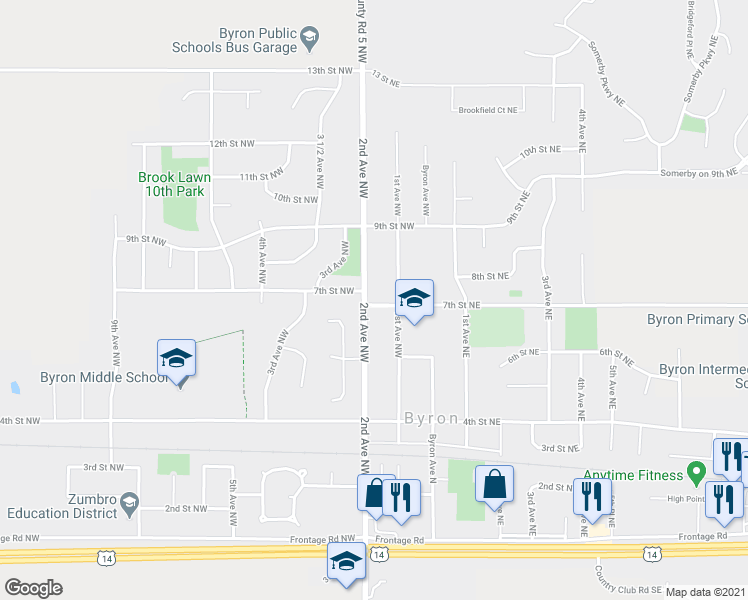 map of restaurants, bars, coffee shops, grocery stores, and more near 715 1st Avenue Northwest in Byron