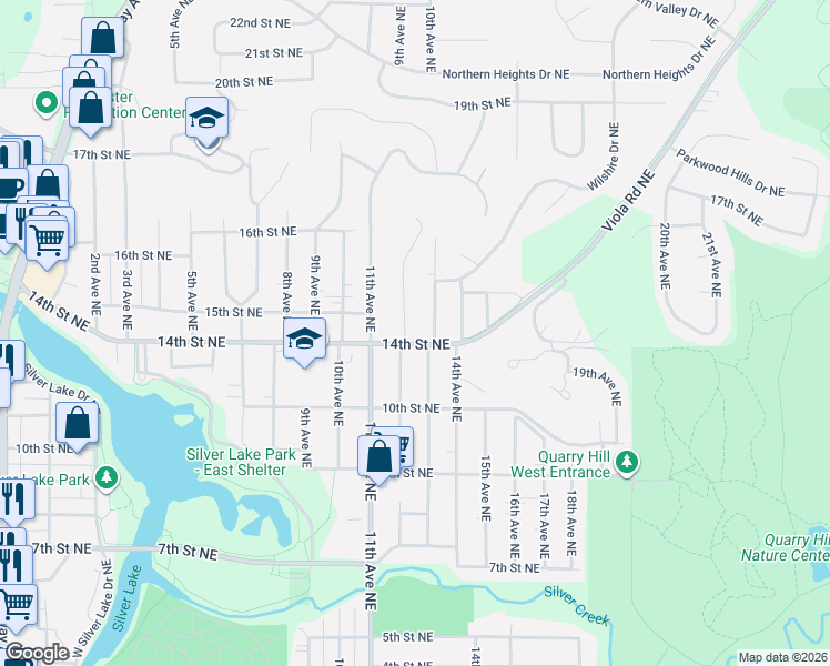 map of restaurants, bars, coffee shops, grocery stores, and more near 1419 13th Avenue Northeast in Rochester
