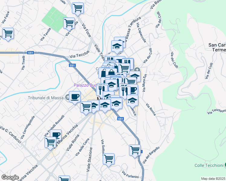 map of restaurants, bars, coffee shops, grocery stores, and more near Piazza del Teatro in Massa