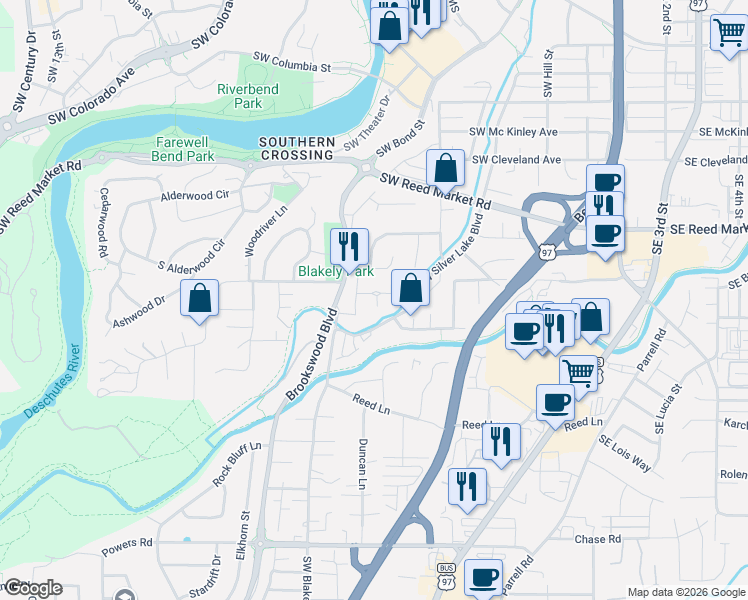 map of restaurants, bars, coffee shops, grocery stores, and more near 1216 Southwest Bryanwood Place in Bend