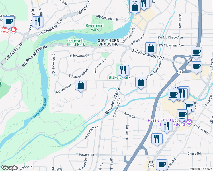 map of restaurants, bars, coffee shops, grocery stores, and more near 20080 Crystal Creek Court in Bend