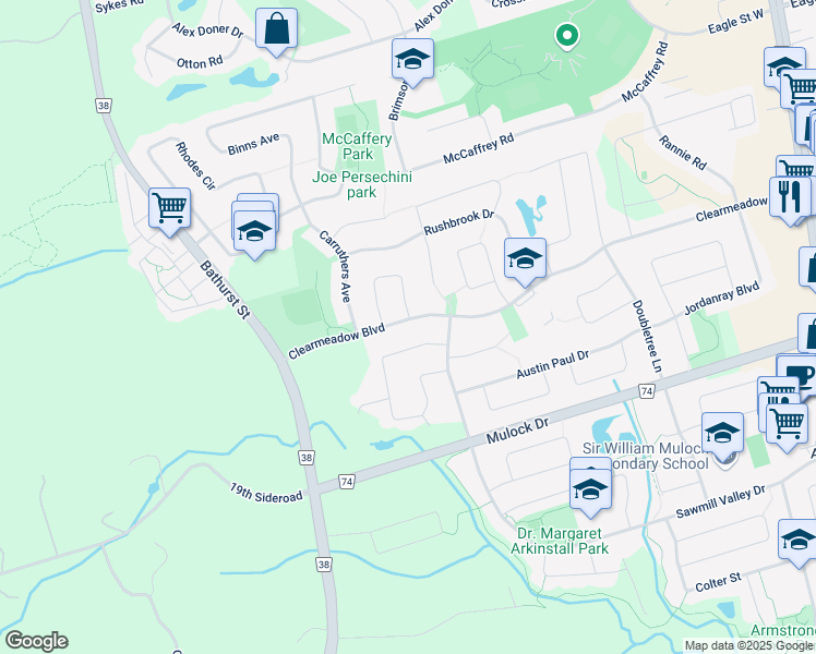 map of restaurants, bars, coffee shops, grocery stores, and more near 370 Clearmeadow Boulevard in Newmarket