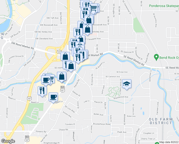 map of restaurants, bars, coffee shops, grocery stores, and more near 20432 Dixie Court in Bend