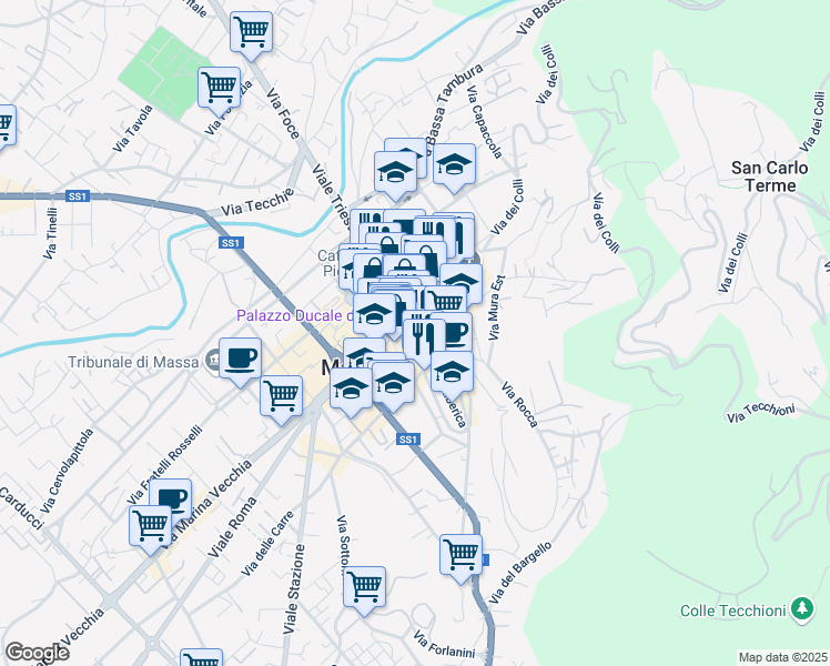 map of restaurants, bars, coffee shops, grocery stores, and more near 4 Via Francesco Petrarca in Massa