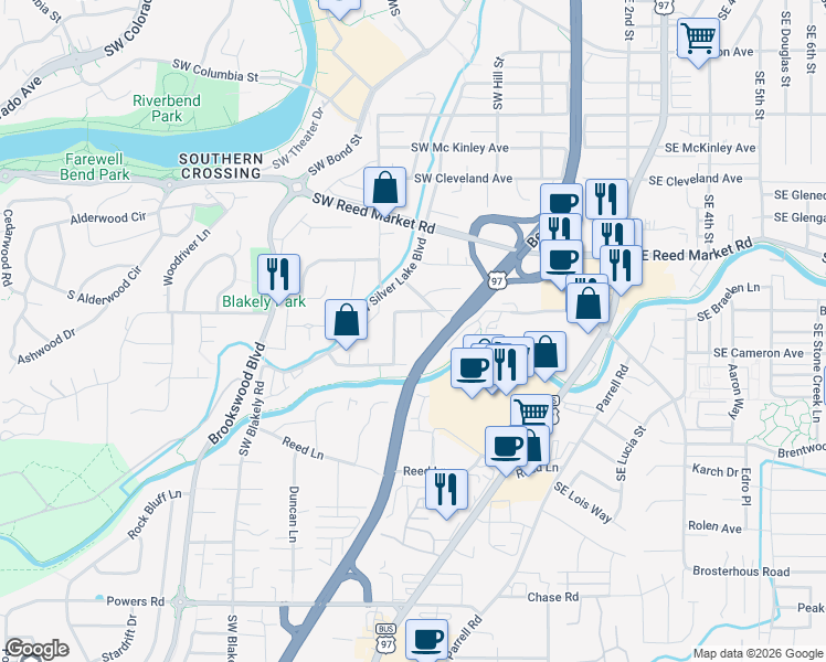 map of restaurants, bars, coffee shops, grocery stores, and more near 344 Southwest Hayes Avenue in Bend
