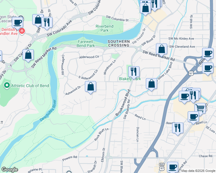 map of restaurants, bars, coffee shops, grocery stores, and more near 61598 Sunny Breeze Lane in Bend