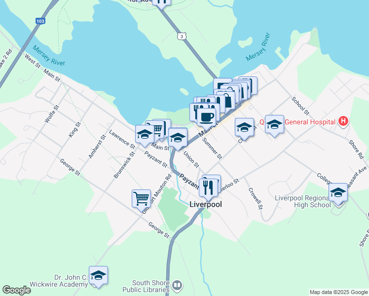 map of restaurants, bars, coffee shops, grocery stores, and more near 441 Main Street in Liverpool