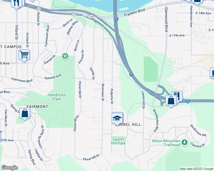 map of restaurants, bars, coffee shops, grocery stores, and more near 2050 Augusta Street in Eugene