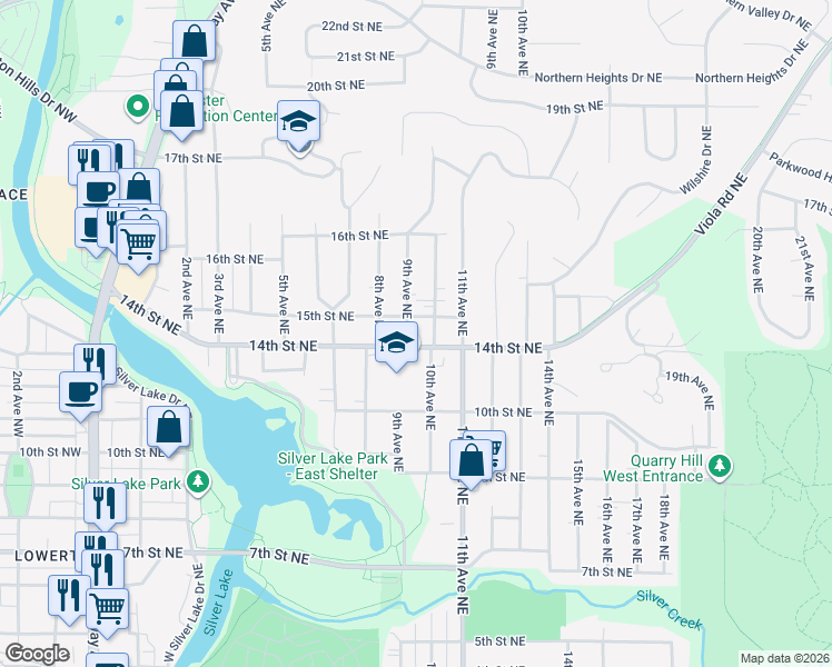 map of restaurants, bars, coffee shops, grocery stores, and more near 1501 9th Avenue Northeast in Rochester