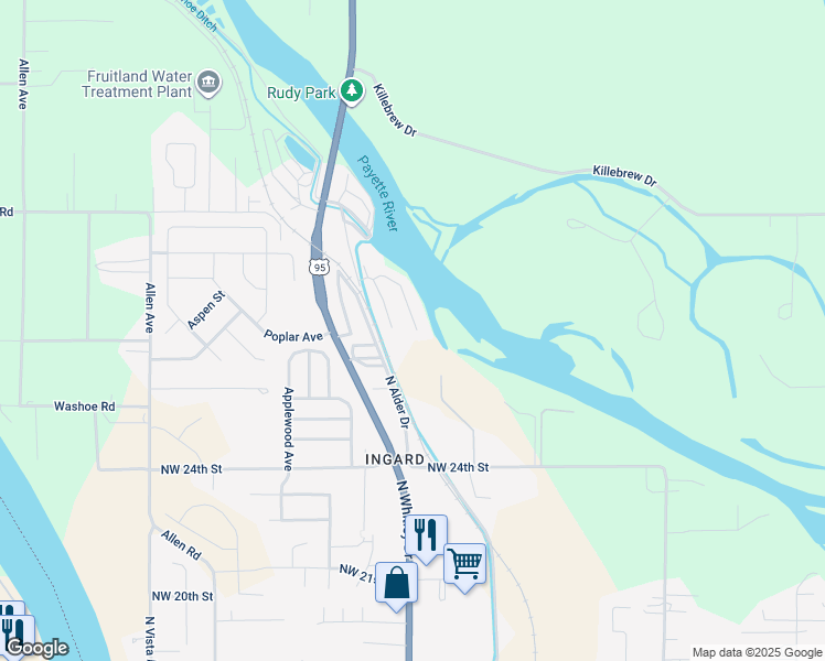 map of restaurants, bars, coffee shops, grocery stores, and more near Alden Road in Fruitland