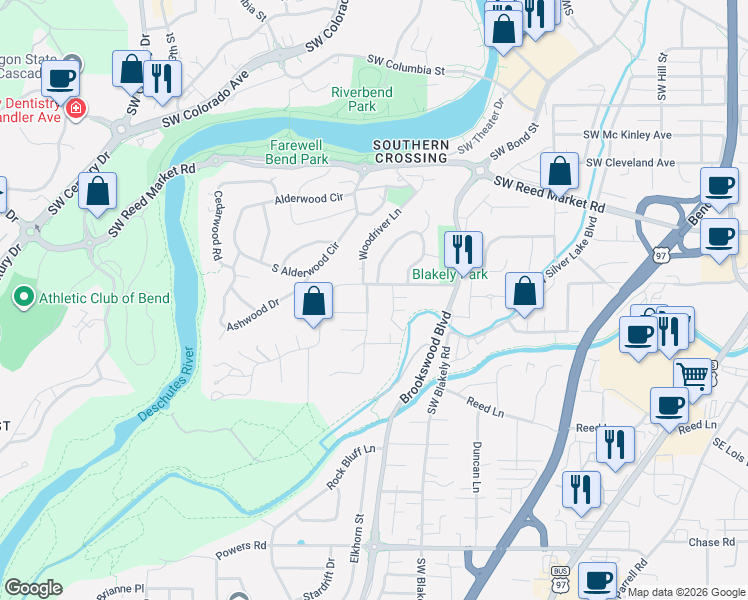 map of restaurants, bars, coffee shops, grocery stores, and more near 61598 Sunny Breeze Lane in Bend