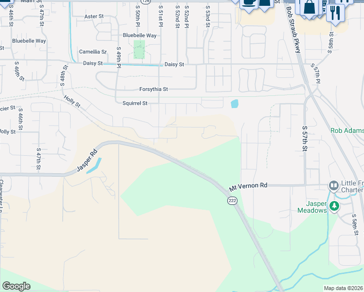 map of restaurants, bars, coffee shops, grocery stores, and more near 5400 Mount Vernon Road in Springfield