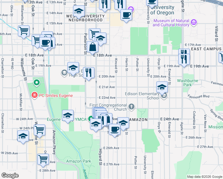 map of restaurants, bars, coffee shops, grocery stores, and more near 2090 Kincaid Street in Eugene