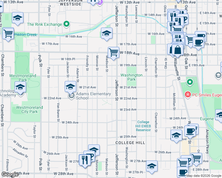 map of restaurants, bars, coffee shops, grocery stores, and more near 651 West 21st Avenue in Eugene