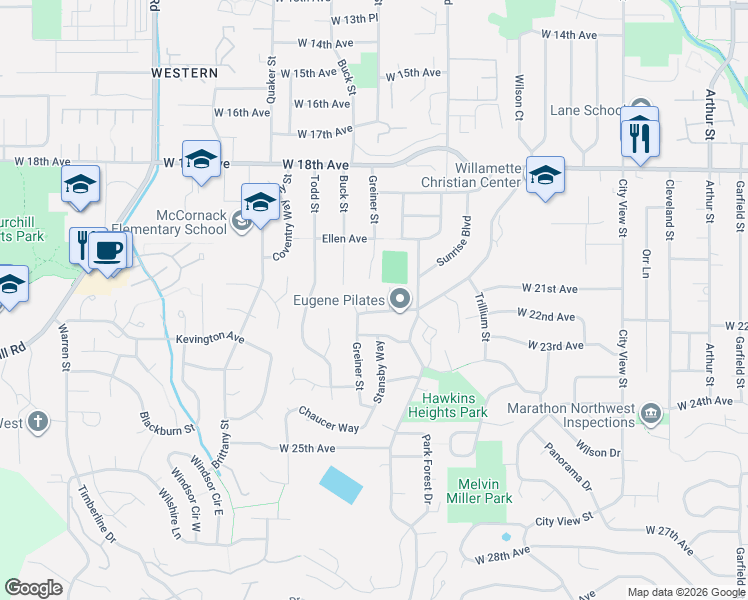 map of restaurants, bars, coffee shops, grocery stores, and more near 3379 South Lambert Street in Eugene