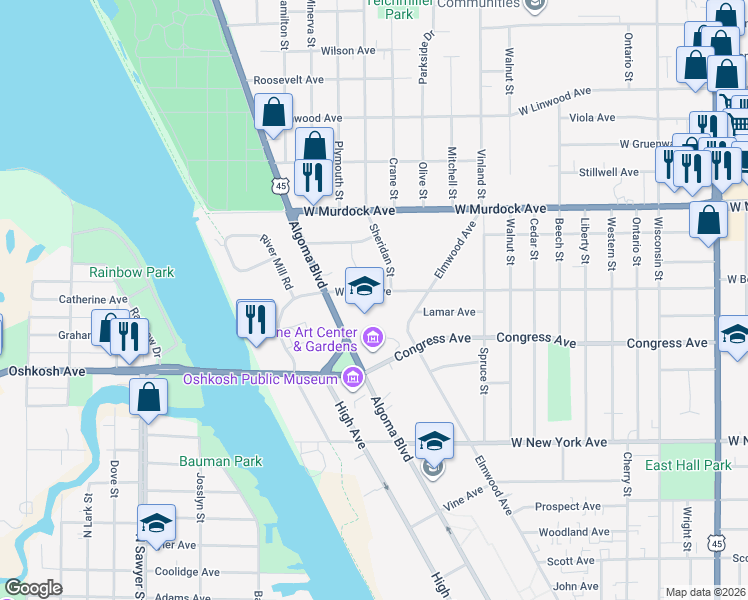 map of restaurants, bars, coffee shops, grocery stores, and more near 1508 West Bent Avenue in Oshkosh