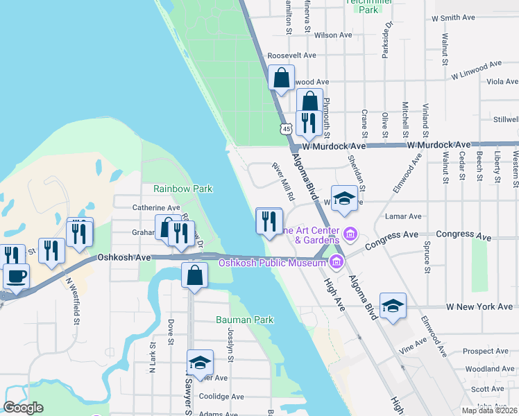 map of restaurants, bars, coffee shops, grocery stores, and more near 1762 River Mill Road in Oshkosh