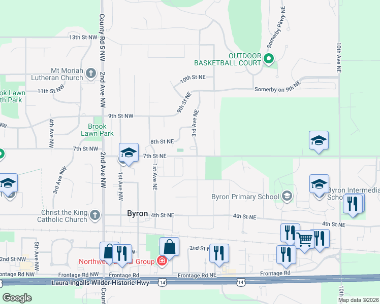 map of restaurants, bars, coffee shops, grocery stores, and more near 122 8th Street Northeast in Byron
