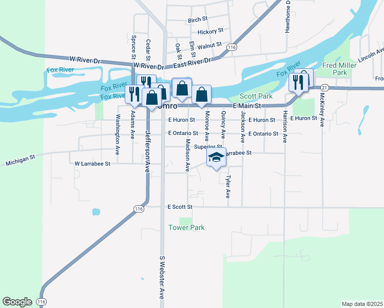 map of restaurants, bars, coffee shops, grocery stores, and more near 227 Superior Street in Omro