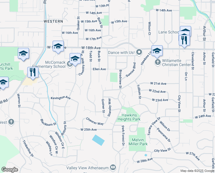 map of restaurants, bars, coffee shops, grocery stores, and more near 3379 South Lambert Street in Eugene
