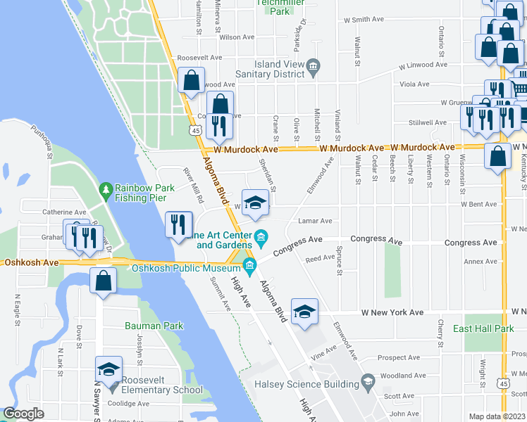 map of restaurants, bars, coffee shops, grocery stores, and more near 1517 West Bent Avenue in Oshkosh