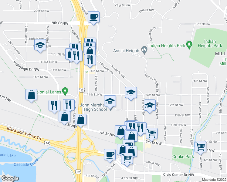 map of restaurants, bars, coffee shops, grocery stores, and more near 1404 15th Avenue Northwest in Rochester