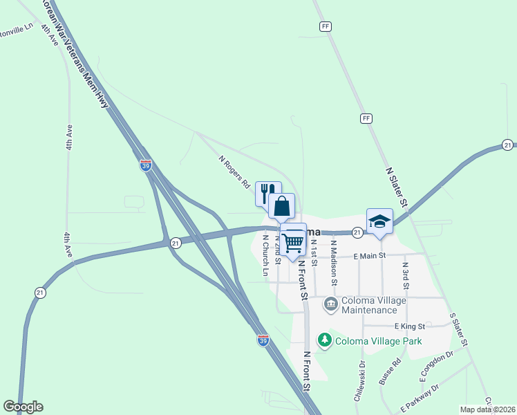 map of restaurants, bars, coffee shops, grocery stores, and more near 320 North Rogers Road in Coloma
