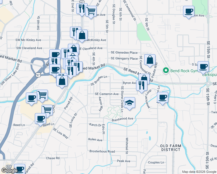 map of restaurants, bars, coffee shops, grocery stores, and more near 20482 Southeast Elijah Court in Bend