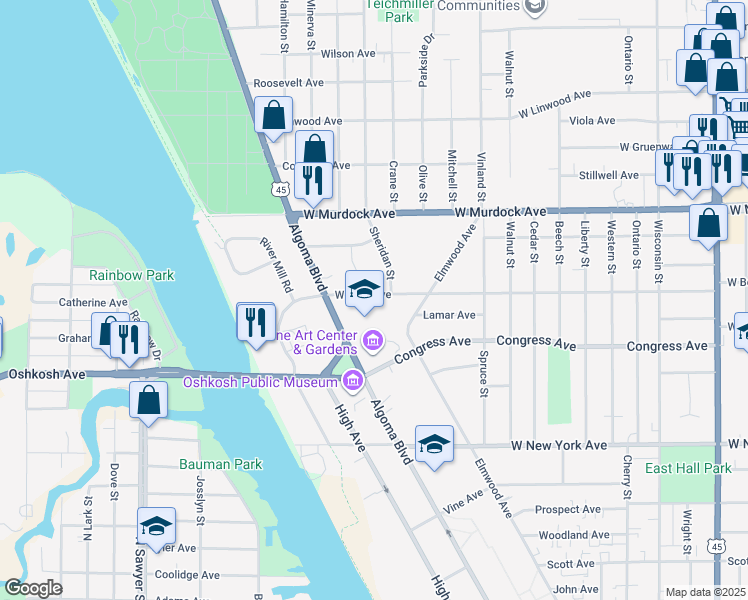 map of restaurants, bars, coffee shops, grocery stores, and more near 1508 West Bent Avenue in Oshkosh