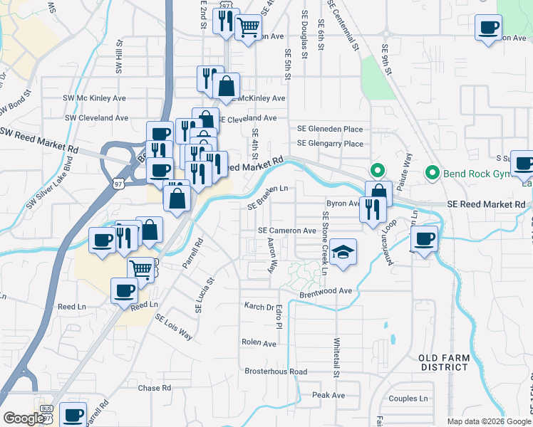 map of restaurants, bars, coffee shops, grocery stores, and more near 20461 Southeast Braelen Lane in Bend