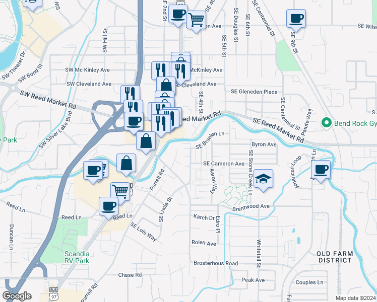 map of restaurants, bars, coffee shops, grocery stores, and more near 20434 Cider Court in Bend