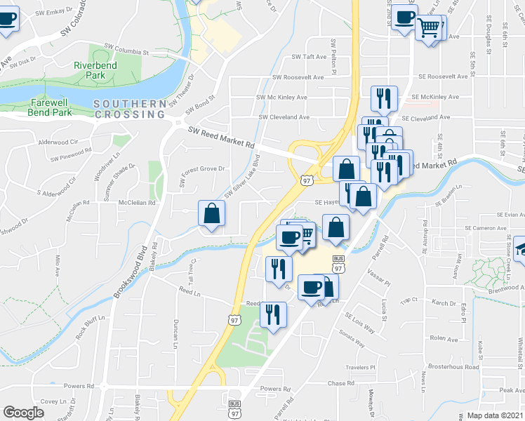 map of restaurants, bars, coffee shops, grocery stores, and more near 218 Southwest Hayes Avenue in Bend